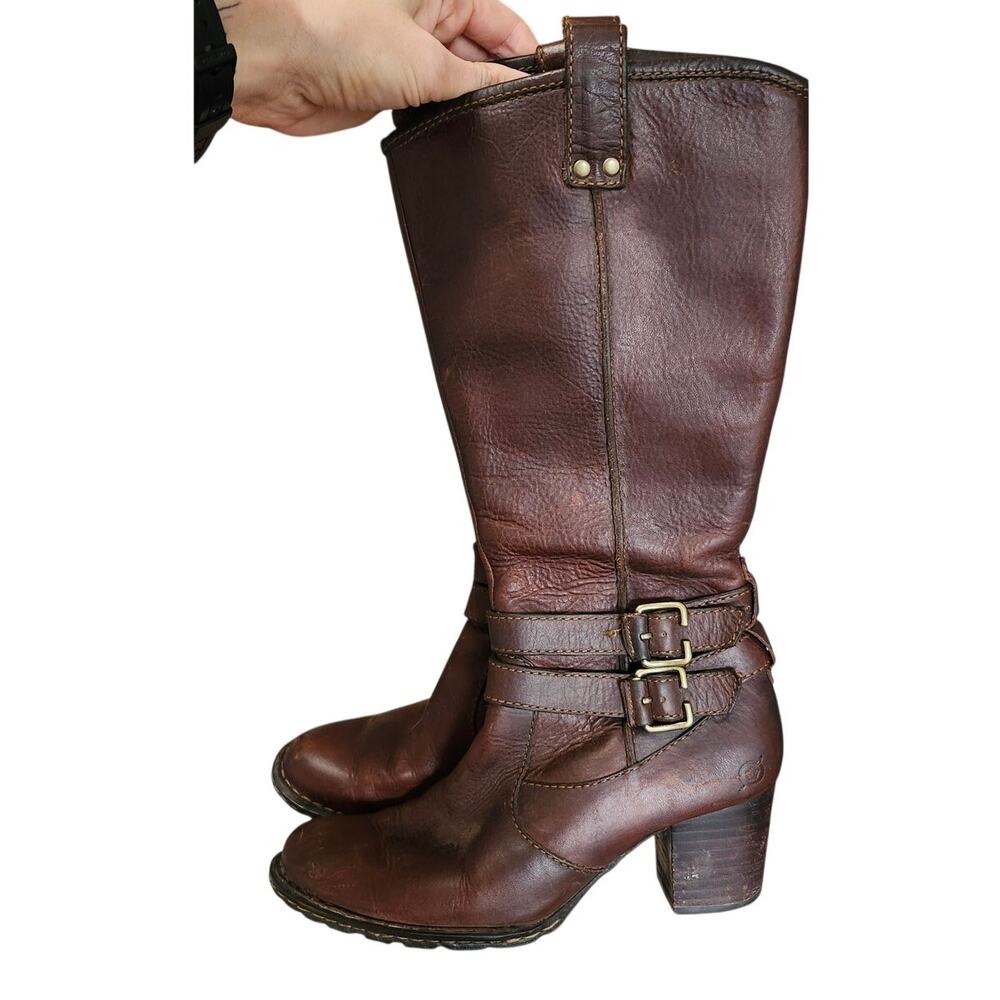 Børn Vintage Distressed Brown Leather Mid Calf Riding Moto Boots Heels Size 6